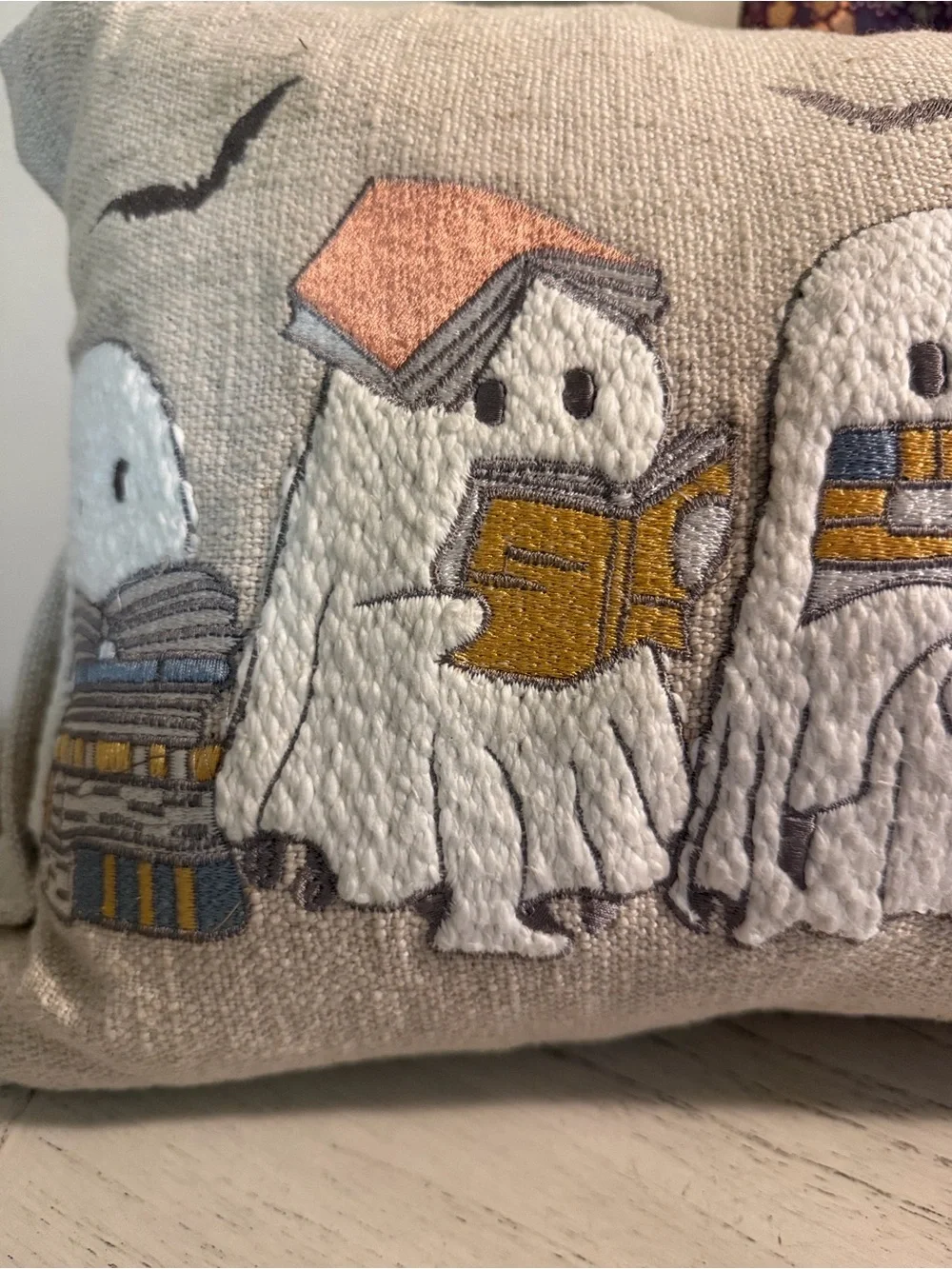 Halloween Ghosts Decorative Pillow - Neutral Beige with Orange & Black Accents